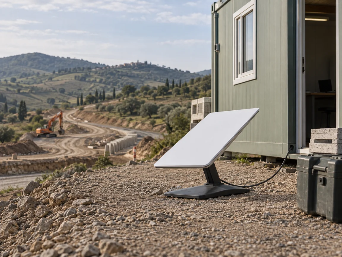 Antenna satellitare accanto a un ufficio di cantiere, con il cielo libero.
