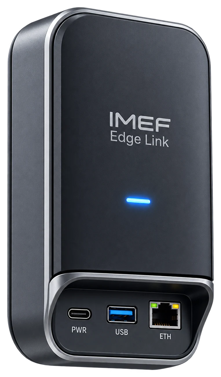 Il dispositivo EdgeLink con porte di alimentazione, USB ed Ethernet.